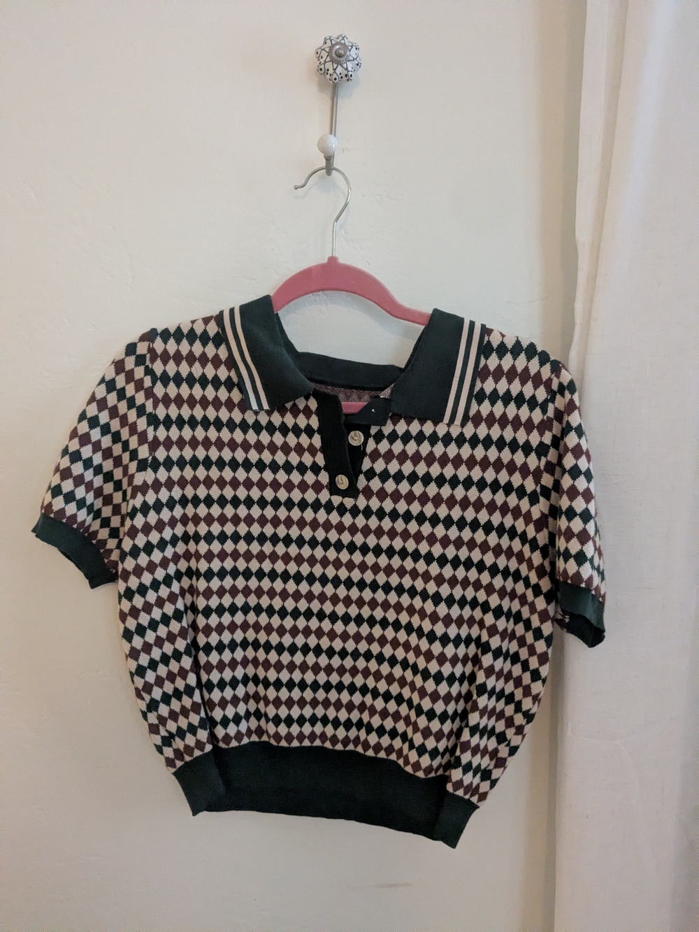Cider Short Sleeve Argyle Polo Top in Green, Ivory & Burgundy